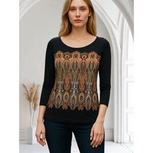 Cache Womens Top Blouse Size M Black Brown Blue Gold stones Chains Fairy Boho